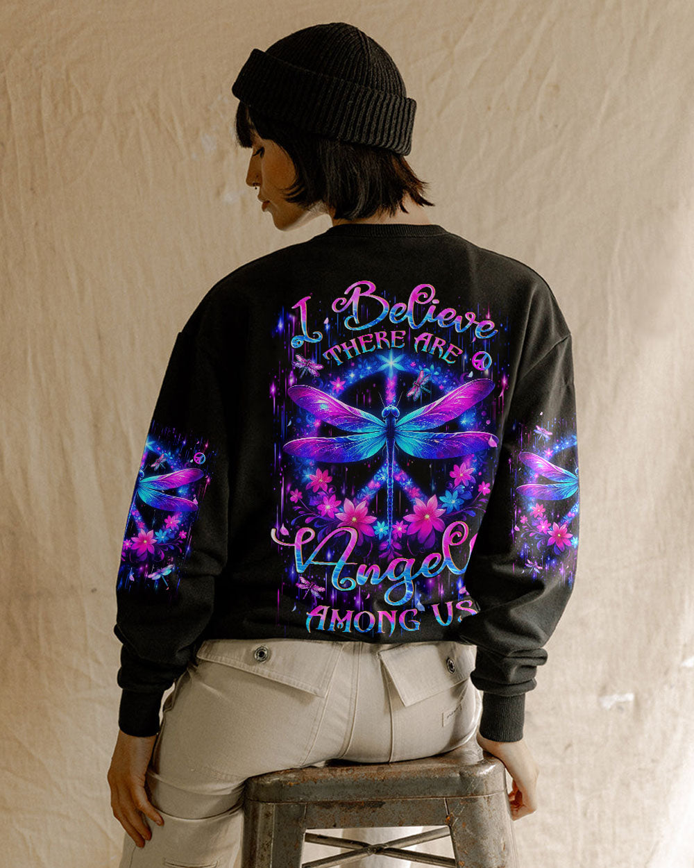 I Believe There Are Angels Among Us Neon Dragonfly Floral Peace Sign AOP Shirts _3_ p9WXq