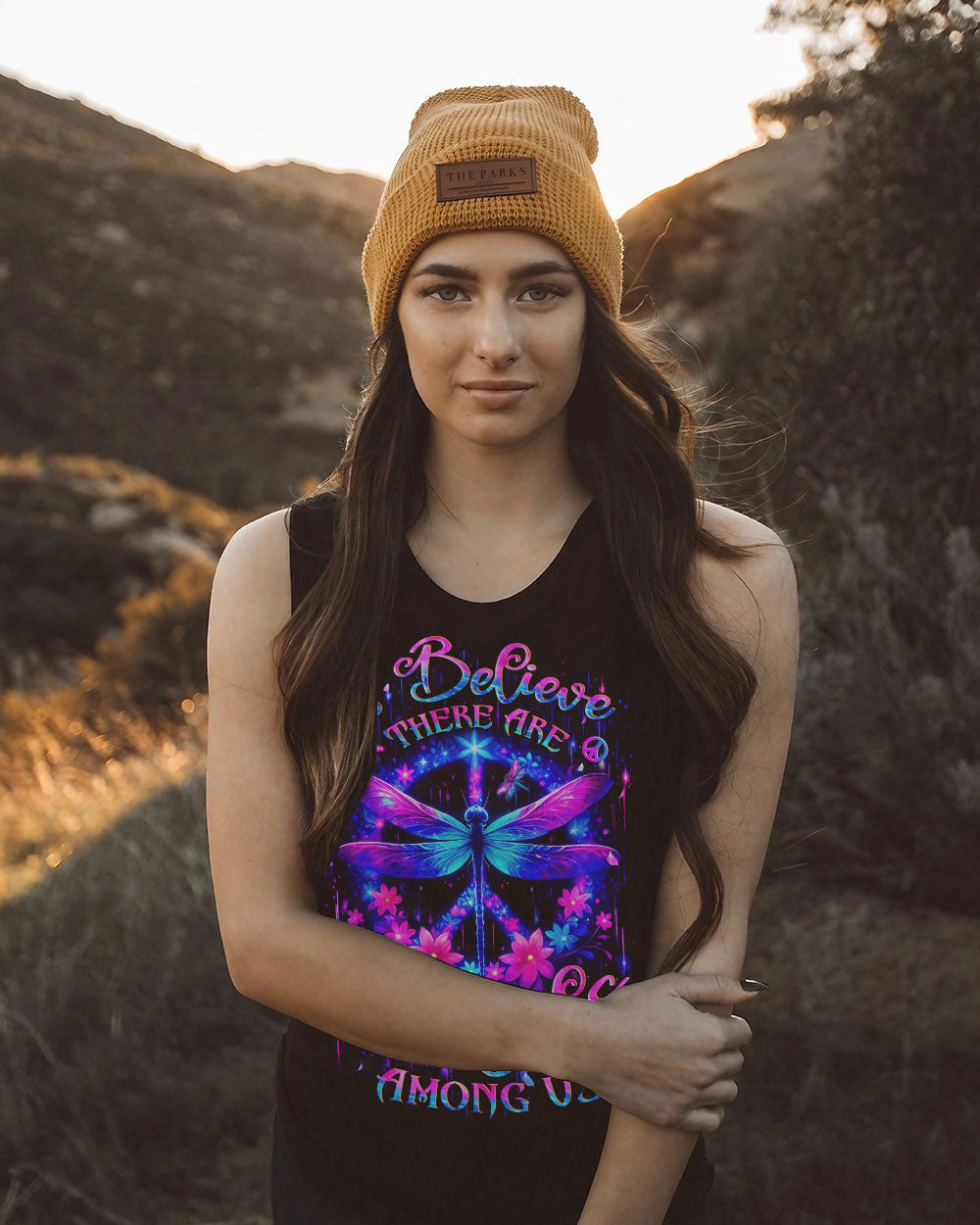 I Believe There Are Angels Among Us Neon Dragonfly Floral Peace Sign AOP Shirts _5_ UJTHr