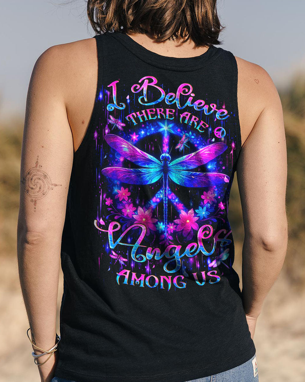 I Believe There Are Angels Among Us Neon Dragonfly Floral Peace Sign AOP Shirts _7_ 1OiAu