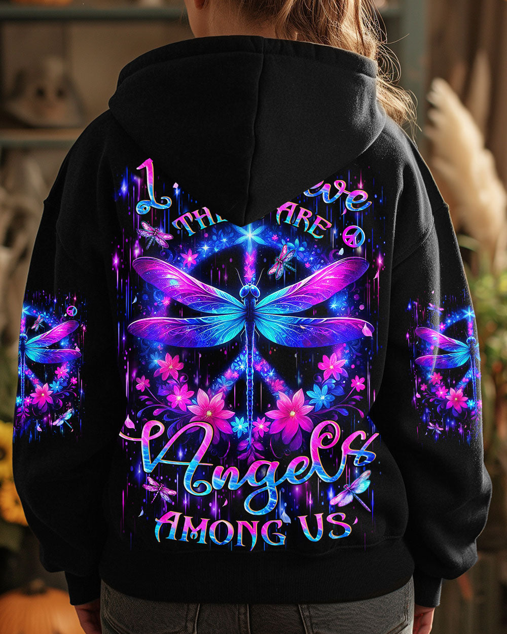 I Believe There Are Angels Among Us Neon Dragonfly Floral Peace Sign AOP Shirts _8_ jU2eR