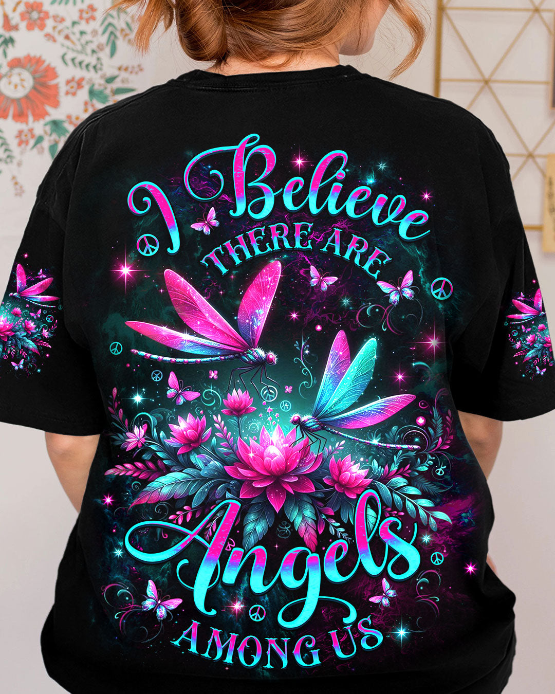 I Believe There Are Angels Among Us Neon Dragonfly and Lotus Peaceful Nature AOP Shirts _12_ 3zPO1