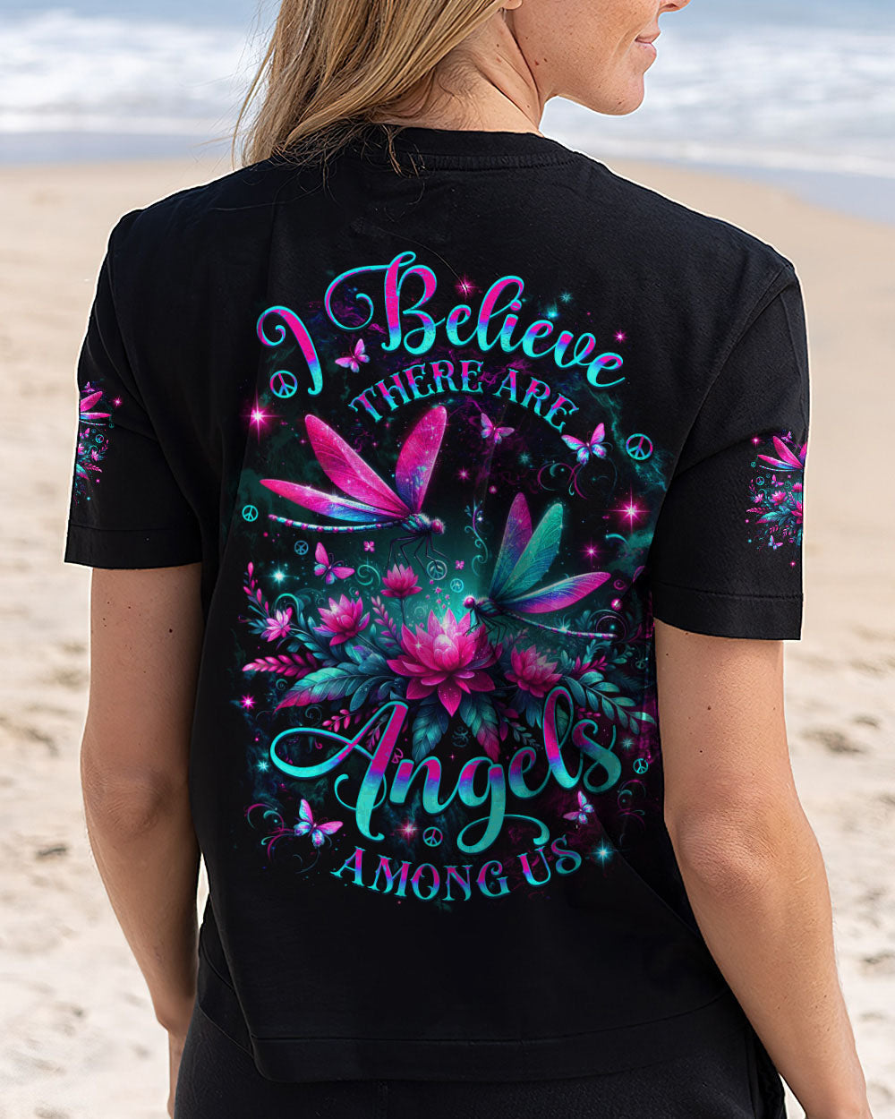 I Believe There Are Angels Among Us Neon Dragonfly and Lotus Peaceful Nature AOP Shirts _1_ 72U75