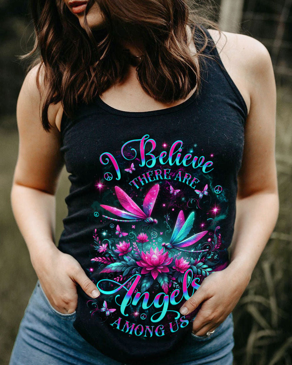I Believe There Are Angels Among Us Neon Dragonfly and Lotus Peaceful Nature AOP Shirts _7_ J7E6R