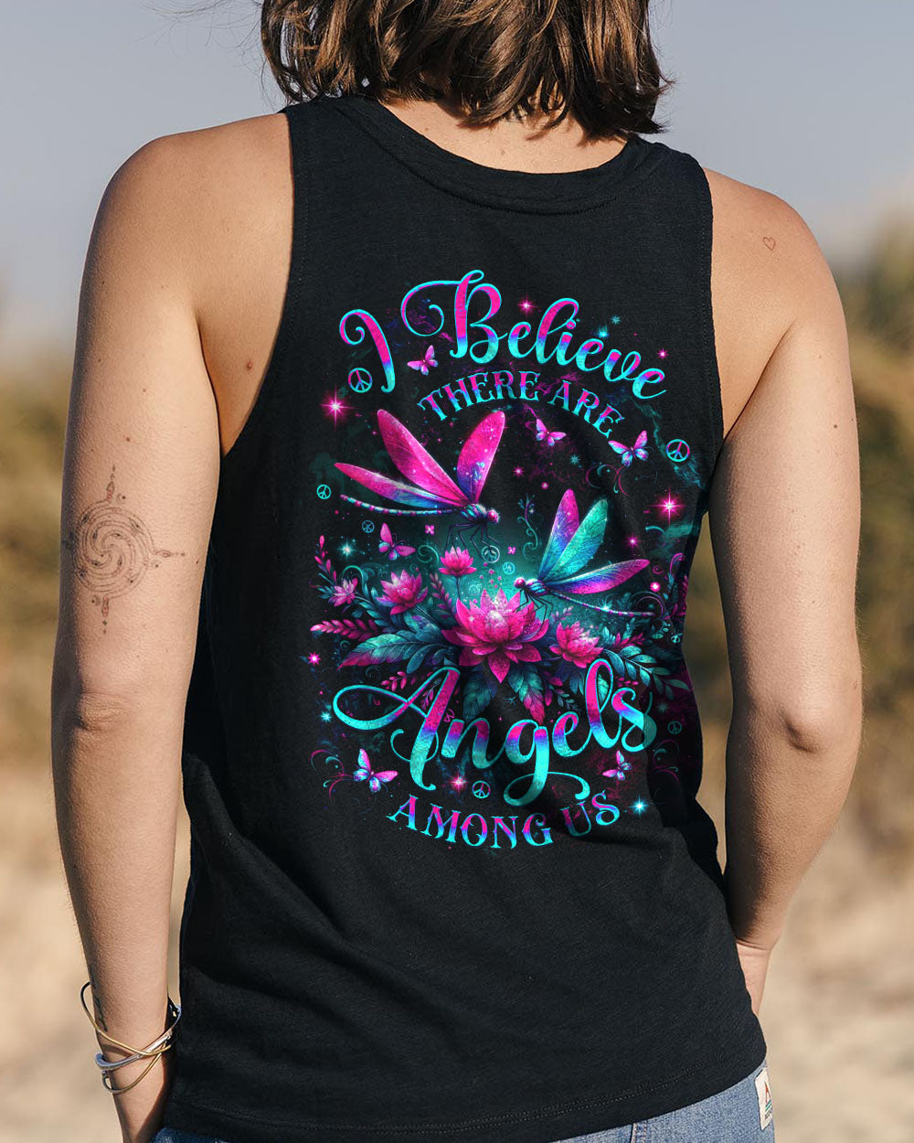 I Believe There Are Angels Among Us Neon Dragonfly and Lotus Peaceful Nature AOP Shirts _8_ xM78p