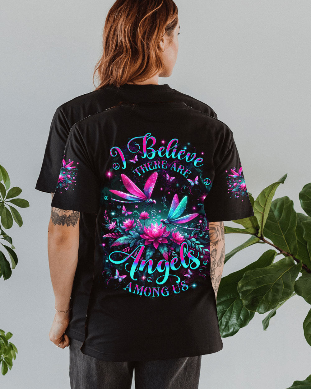 I Believe There Are Angels Among Us Neon Dragonfly and Lotus Peaceful Nature AOP Shirts _9_ SmouP
