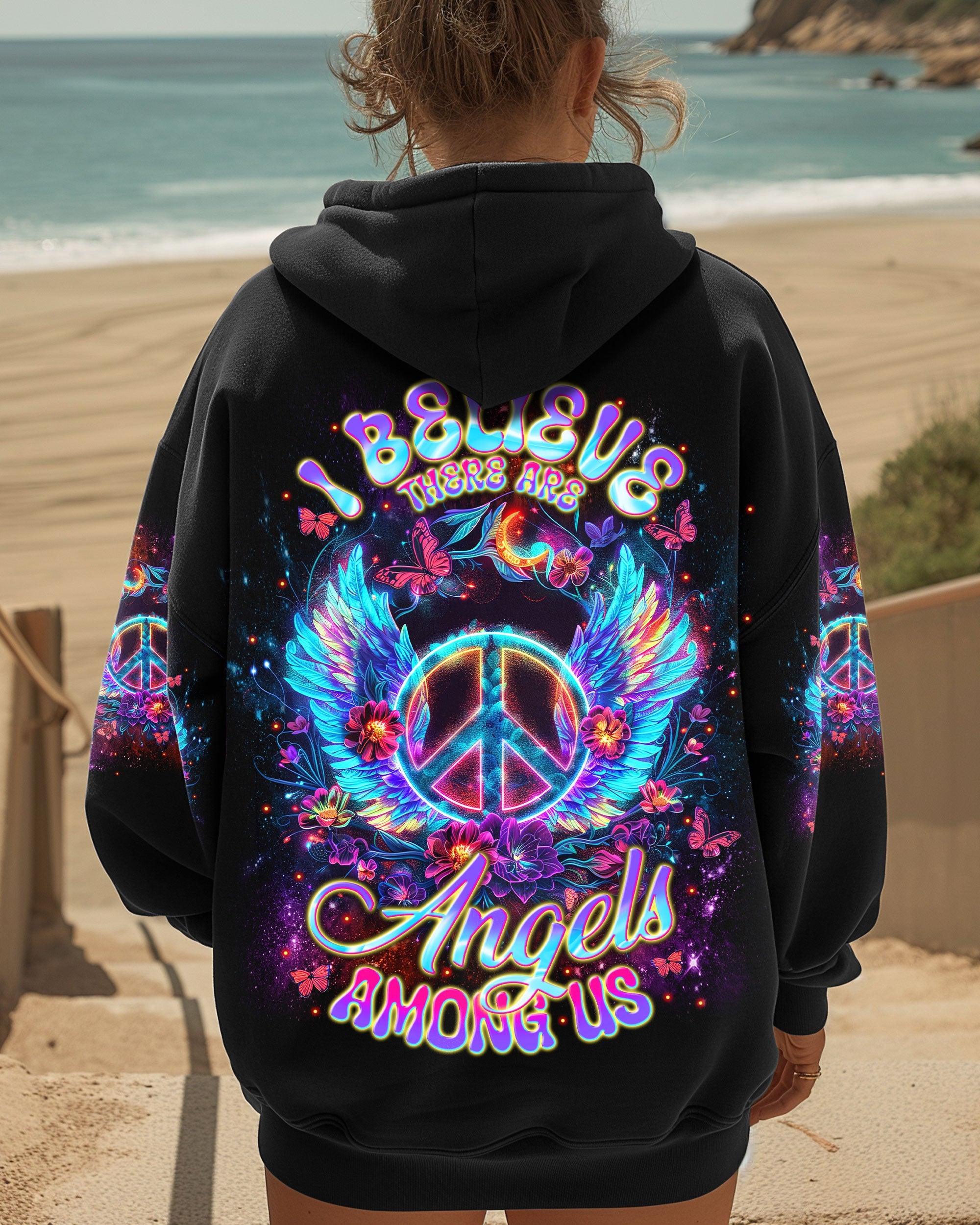 I Believe There Are Angels Among Us Neon Peace Sign Angel AOP Shirts _1_ vH7yY