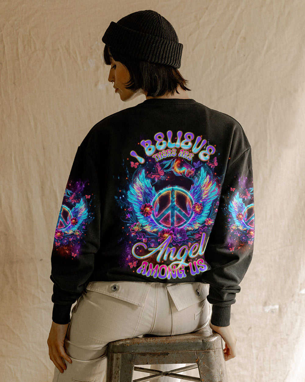 I Believe There Are Angels Among Us Neon Peace Sign Angel AOP Shirts _3_ j9DK0