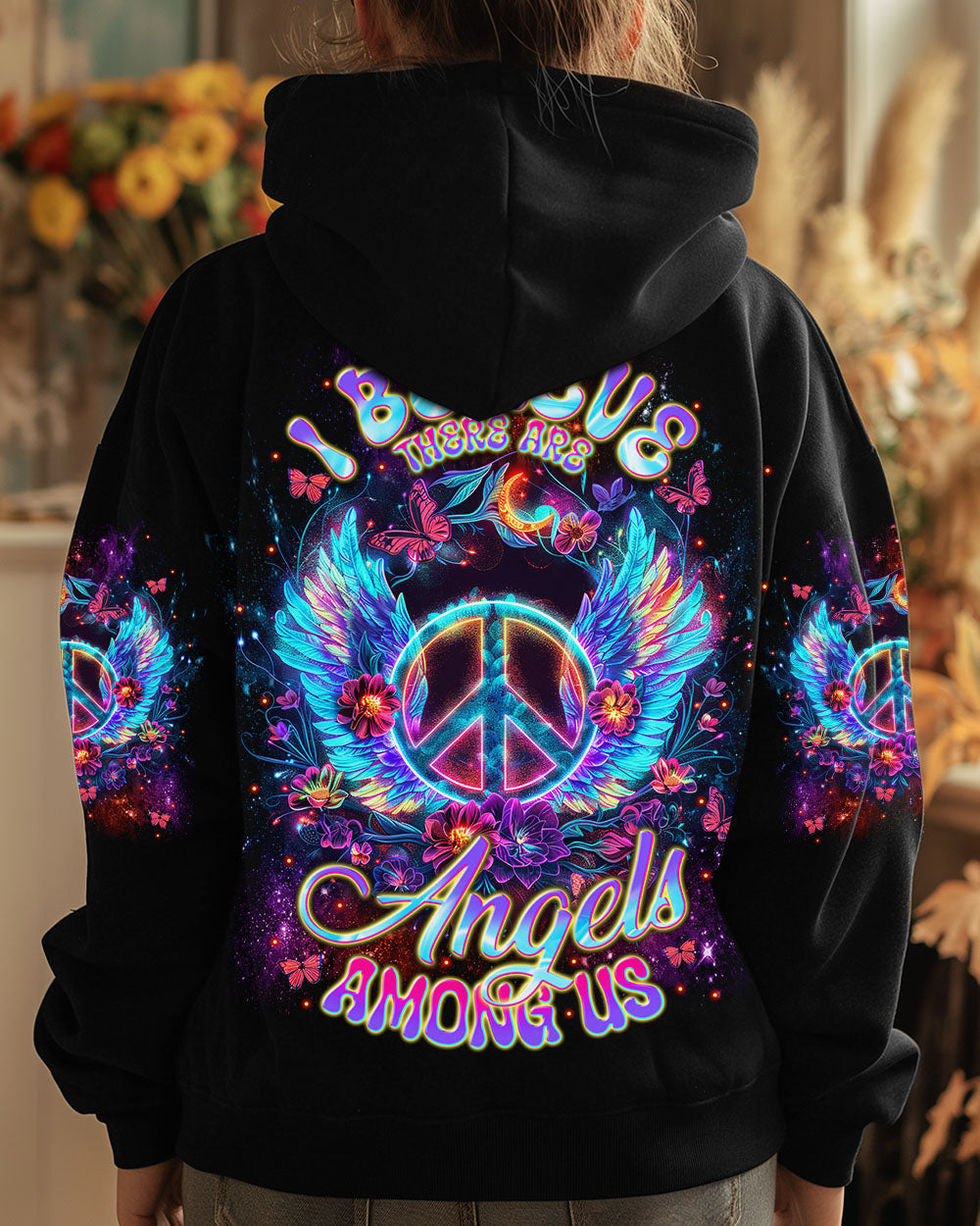 I Believe There Are Angels Among Us Neon Peace Sign Angel AOP Shirts _8_ 9rrON