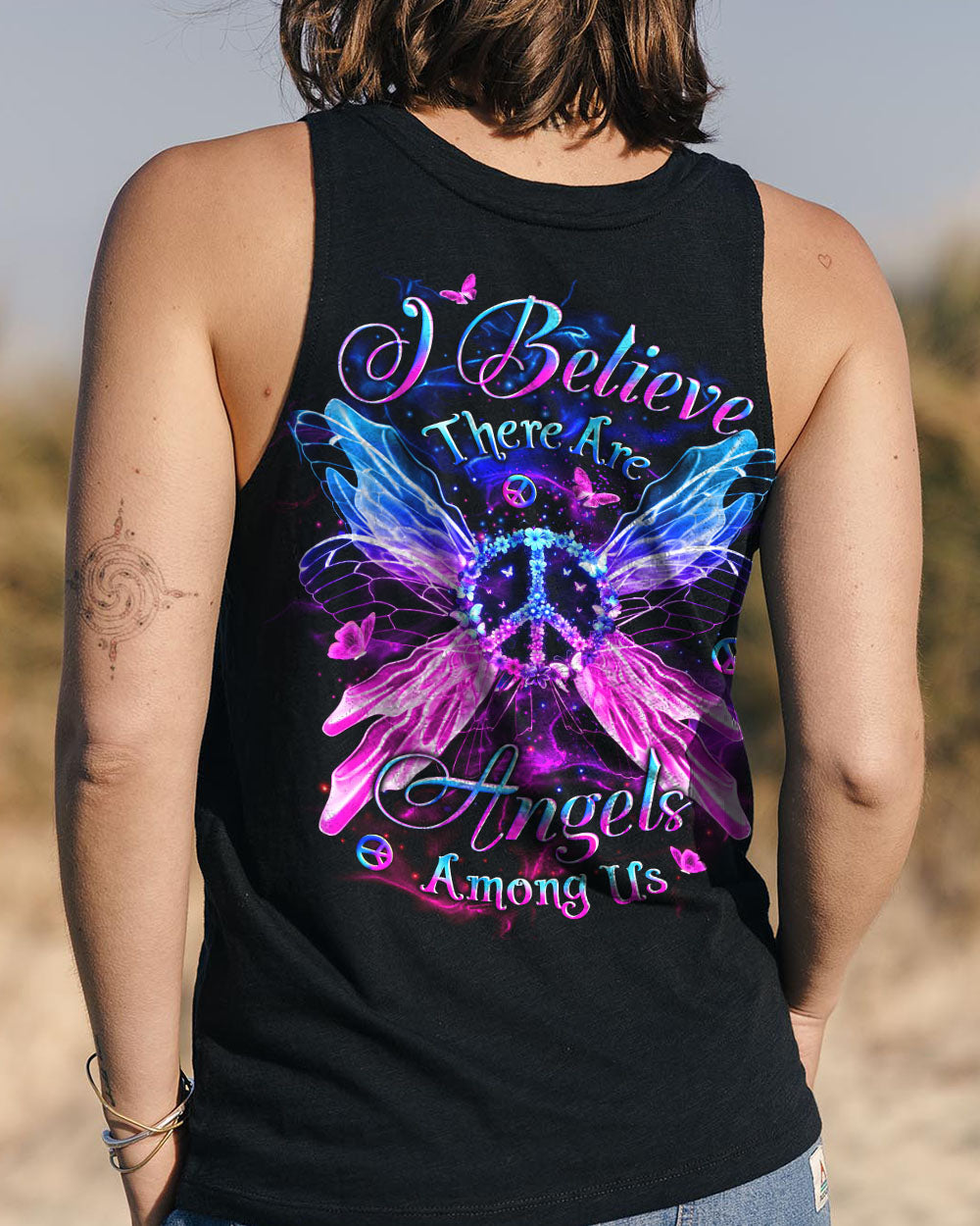 I Believe There Are Angels Among Us Neon Peace Sign with Wings Graphic AOP Shirts _11_ LTsIX