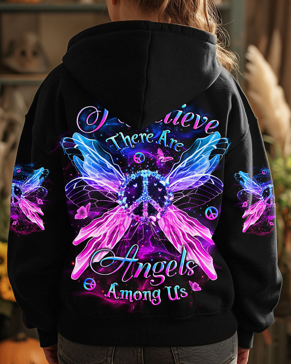 I Believe There Are Angels Among Us Neon Peace Sign with Wings Graphic AOP Shirts _12_ ArgQD