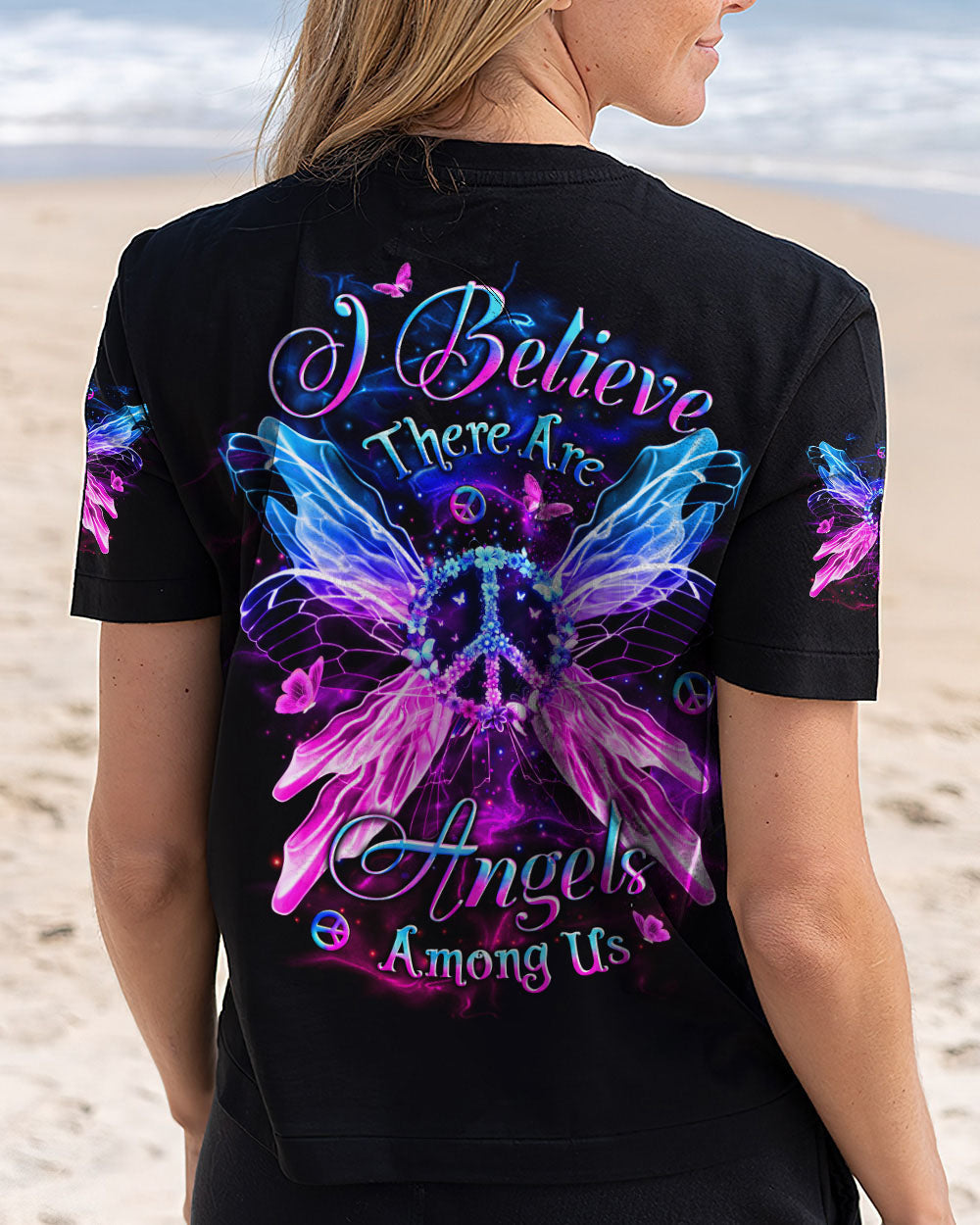 I Believe There Are Angels Among Us Neon Peace Sign with Wings Graphic AOP Shirts _3_ 4g4sz