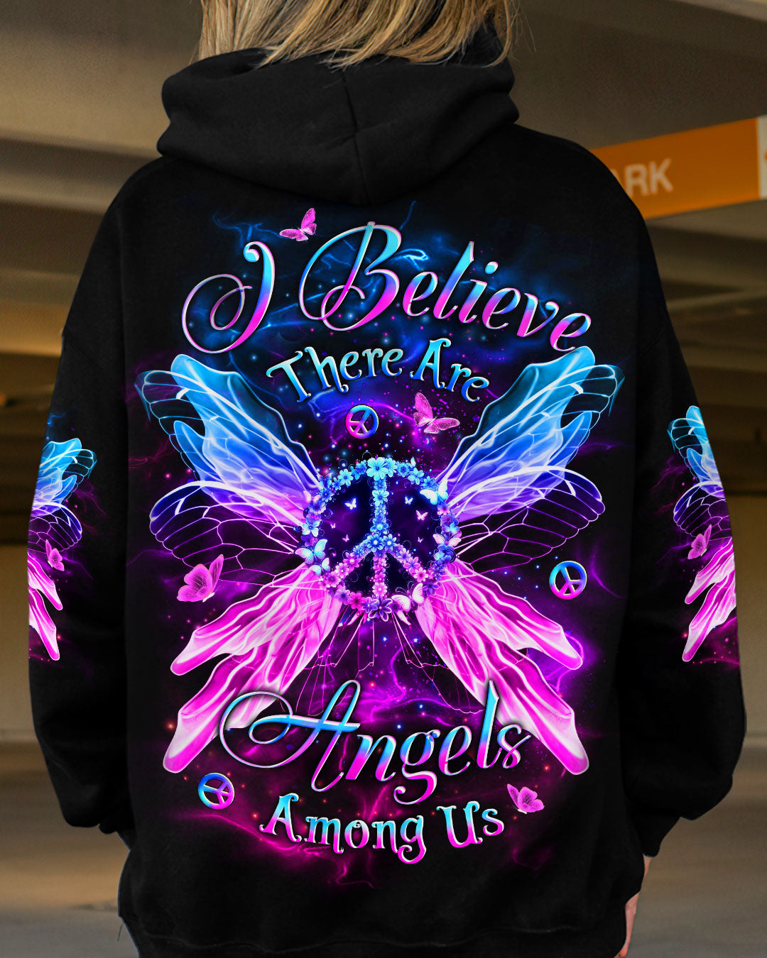 I Believe There Are Angels Among Us Neon Peace Sign with Wings Graphic AOP Shirts _5_ ui7f6