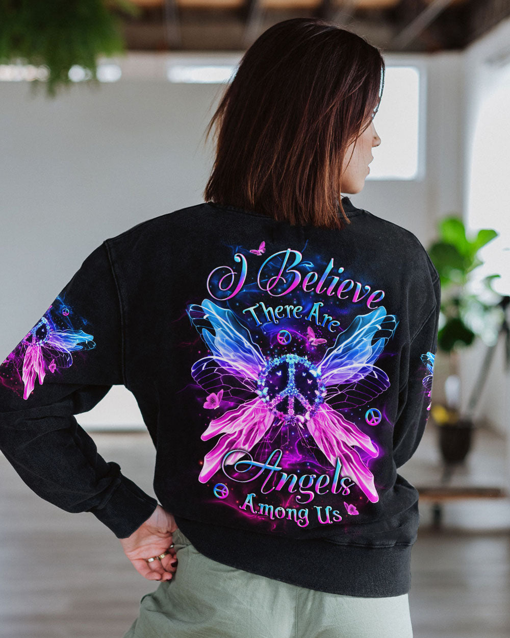 I Believe There Are Angels Among Us Neon Peace Sign with Wings Graphic AOP Shirts _7_ rzScq