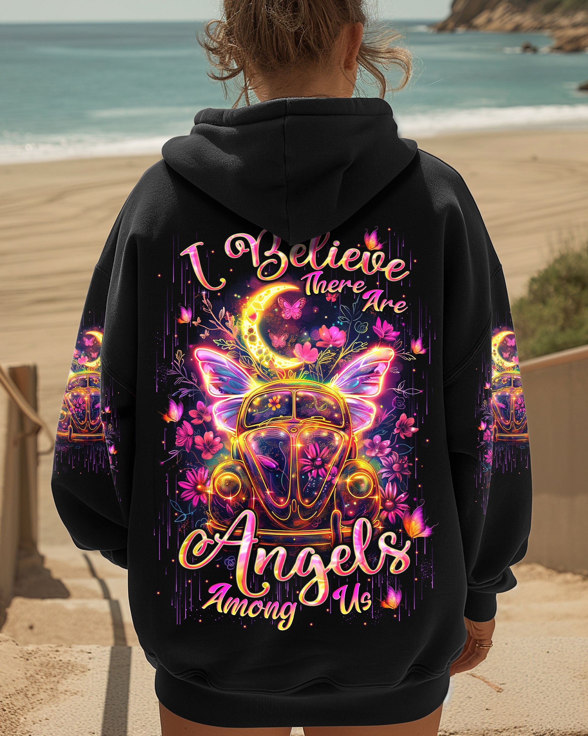 I Believe There Are Angels Among Us Neon VW Butterfly Hippie Van AOP Shirts _5_ GHE08