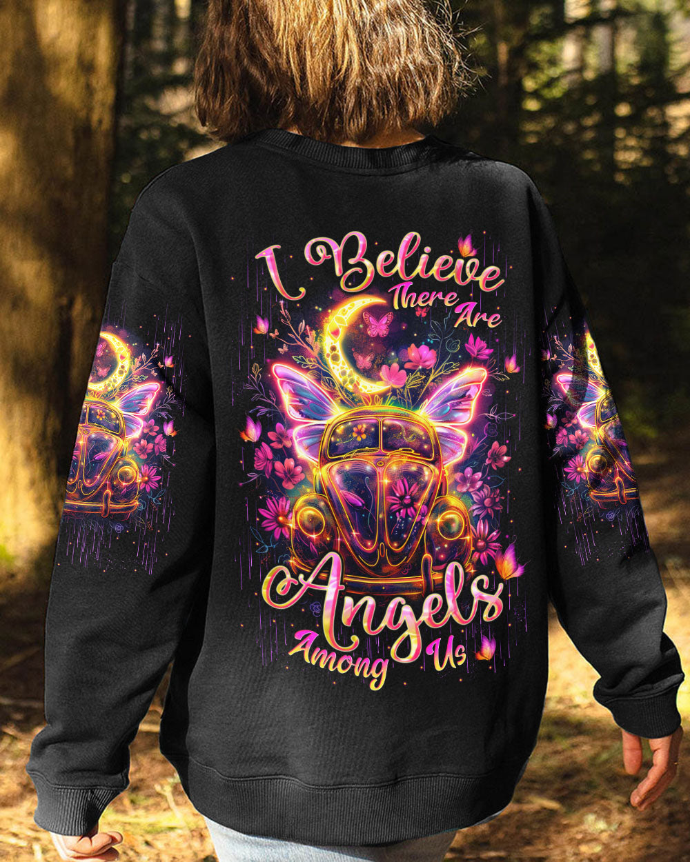 I Believe There Are Angels Among Us Neon VW Butterfly Hippie Van AOP Shirts _7_ xnRLA
