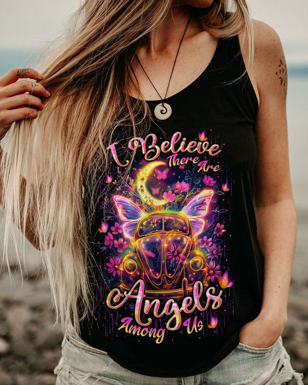 I Believe There Are Angels Among Us Neon VW Butterfly Hippie Van AOP Shirts _9_ MgsR3