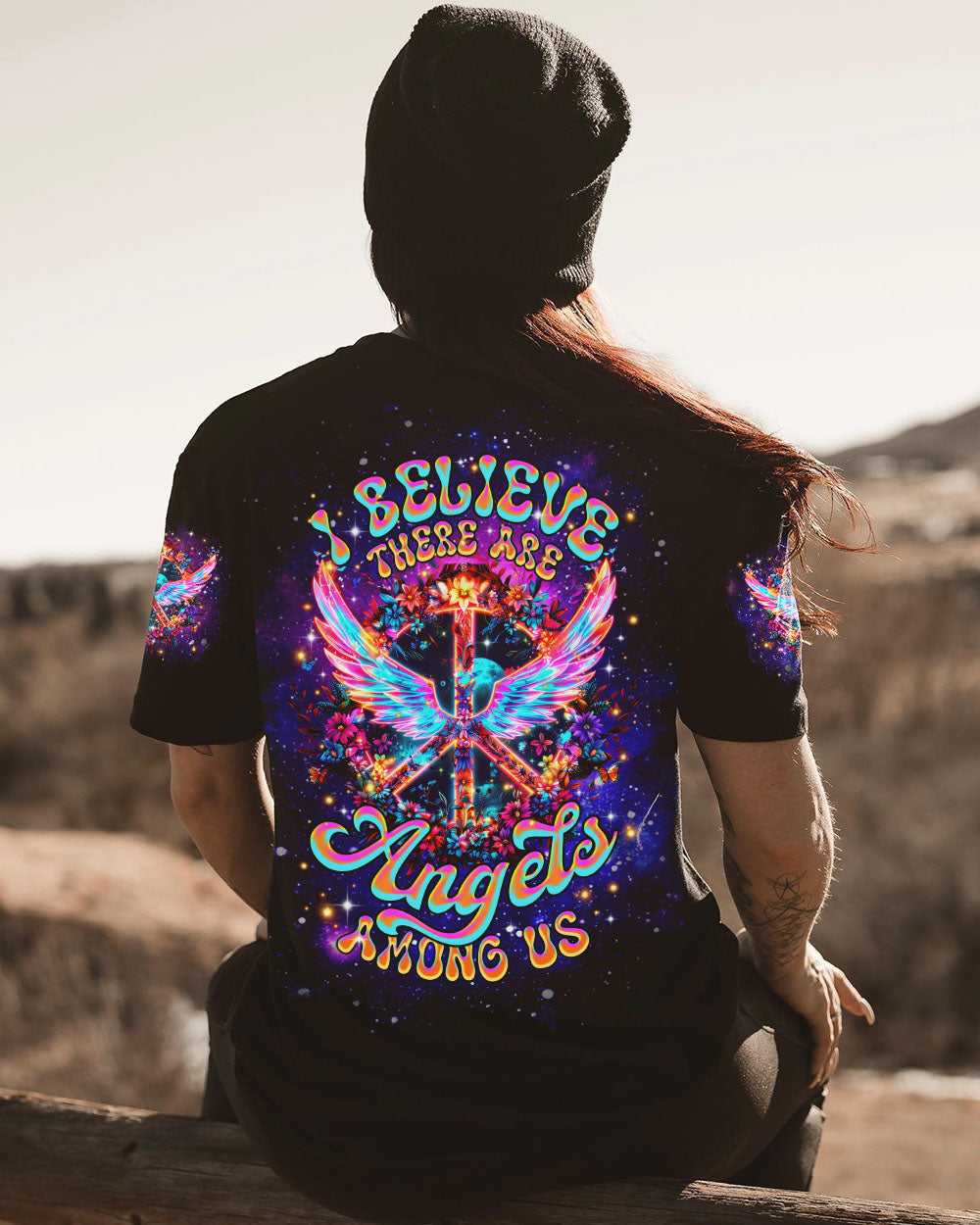 I Believe There Are Angels Among Us Neon Wings and Peace Sign AOP Shirts _11_ 60mZ3