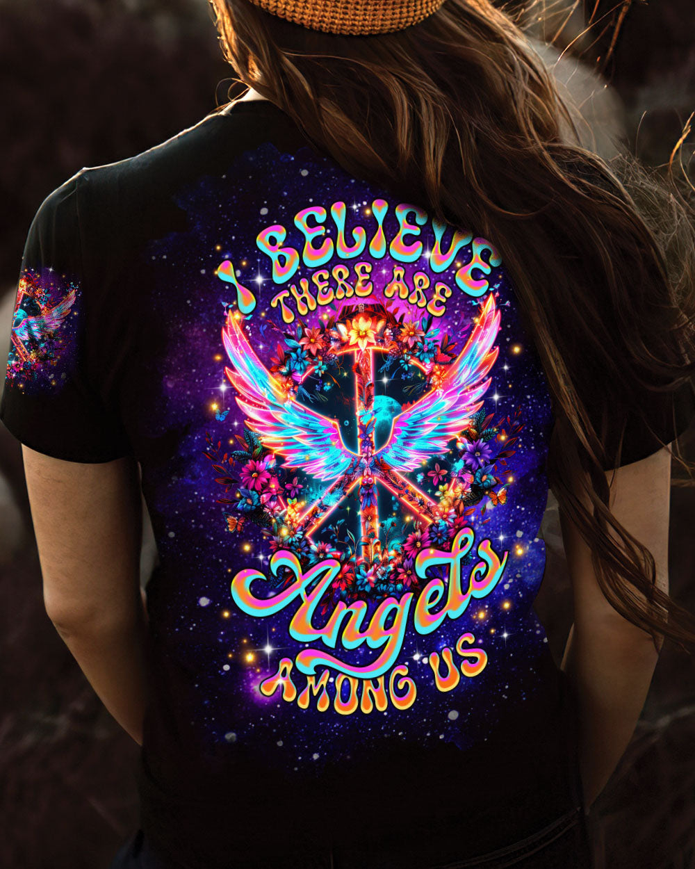 I Believe There Are Angels Among Us Neon Wings and Peace Sign AOP Shirts _13_ sKCpG
