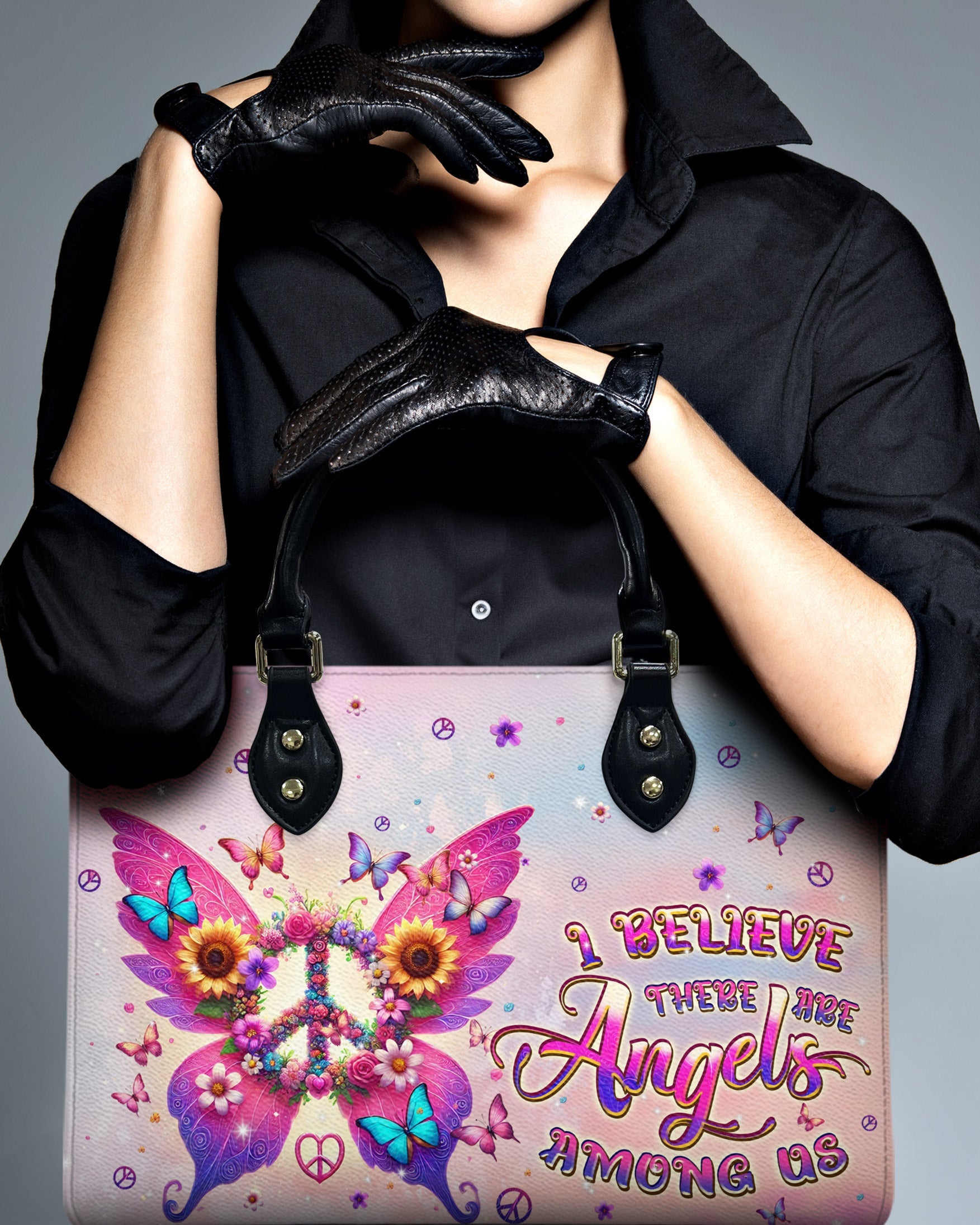 I Believe There Are Angels Among Us Peace Sign Butterfly Hippie Leather Bag _2_ dPTKD