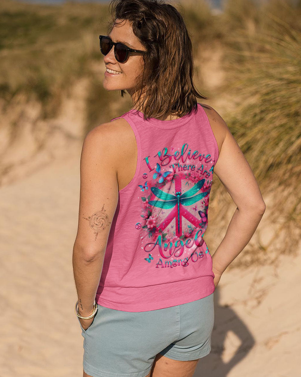I Believe There Are Angels Among Us Peace Sign and Dragonfly Graphic Tee for Women AOP Shirts _13_ gxEdz