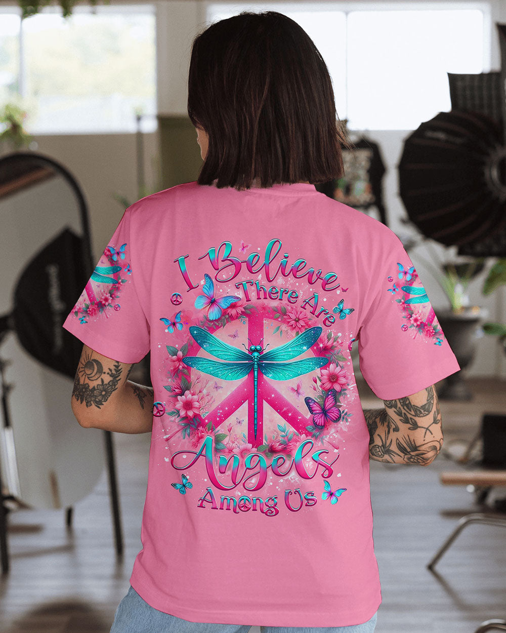 I Believe There Are Angels Among Us Peace Sign and Dragonfly Graphic Tee for Women AOP Shirts _1_ y0KFv