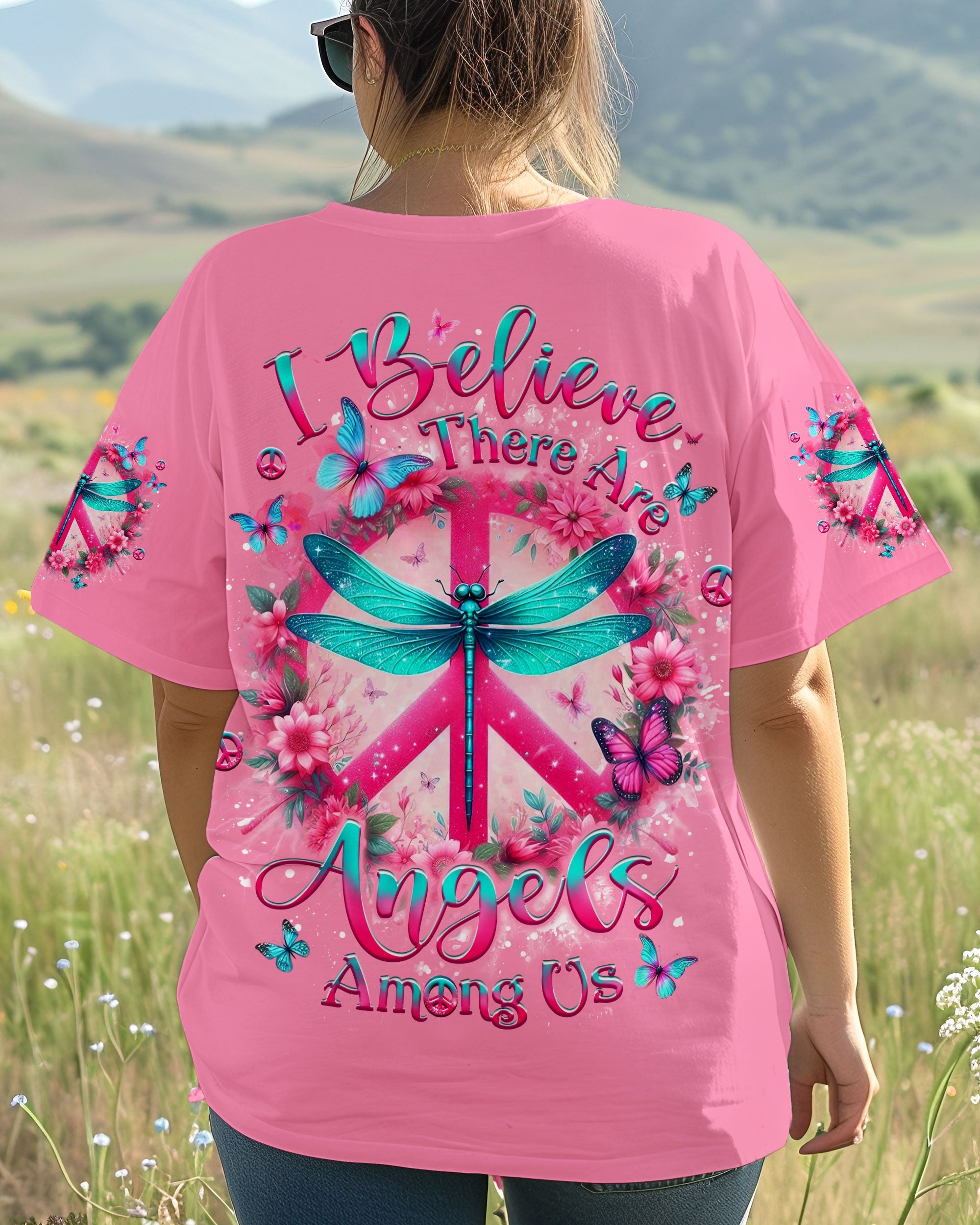 I Believe There Are Angels Among Us Peace Sign and Dragonfly Graphic Tee for Women AOP Shirts _3_ OkkEG
