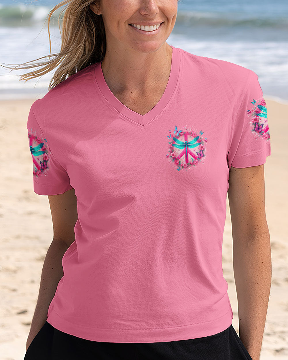 I Believe There Are Angels Among Us Peace Sign and Dragonfly Graphic Tee for Women AOP Shirts _4_ 56hQN