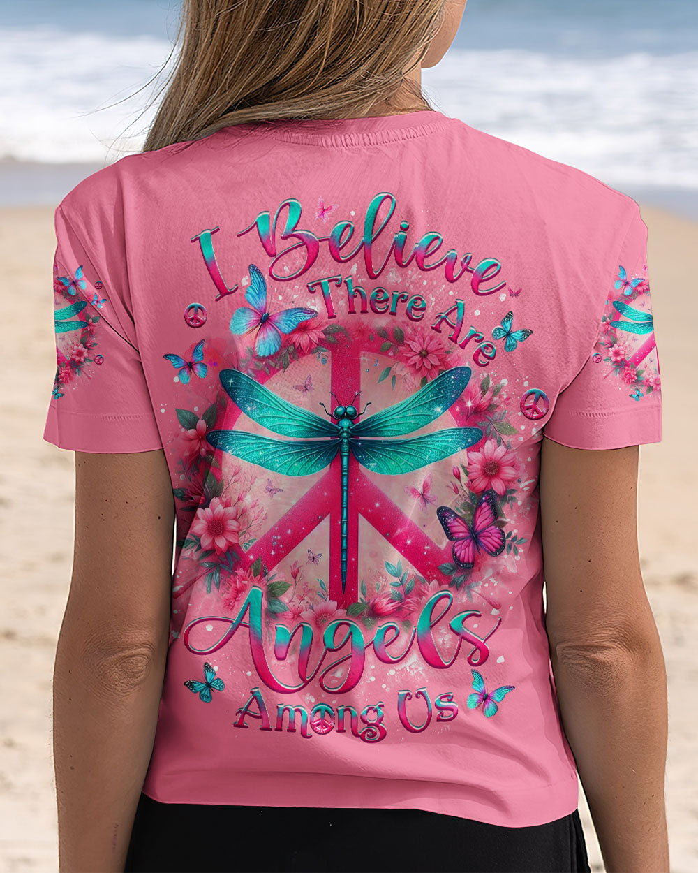 I Believe There Are Angels Among Us Peace Sign and Dragonfly Graphic Tee for Women AOP Shirts _5_ qlRUM