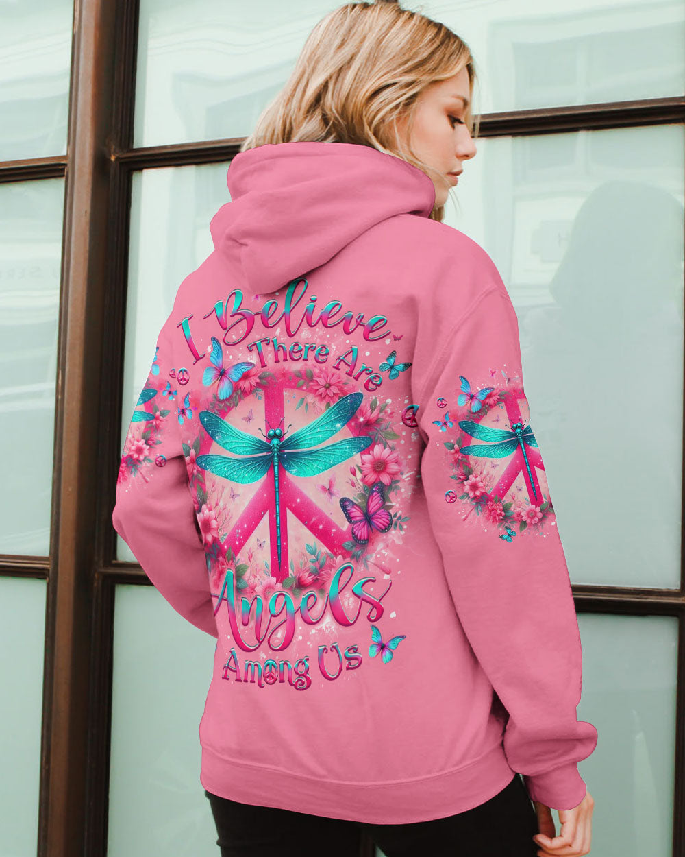 I Believe There Are Angels Among Us Peace Sign and Dragonfly Graphic Tee for Women AOP Shirts _7_ Ak5GC