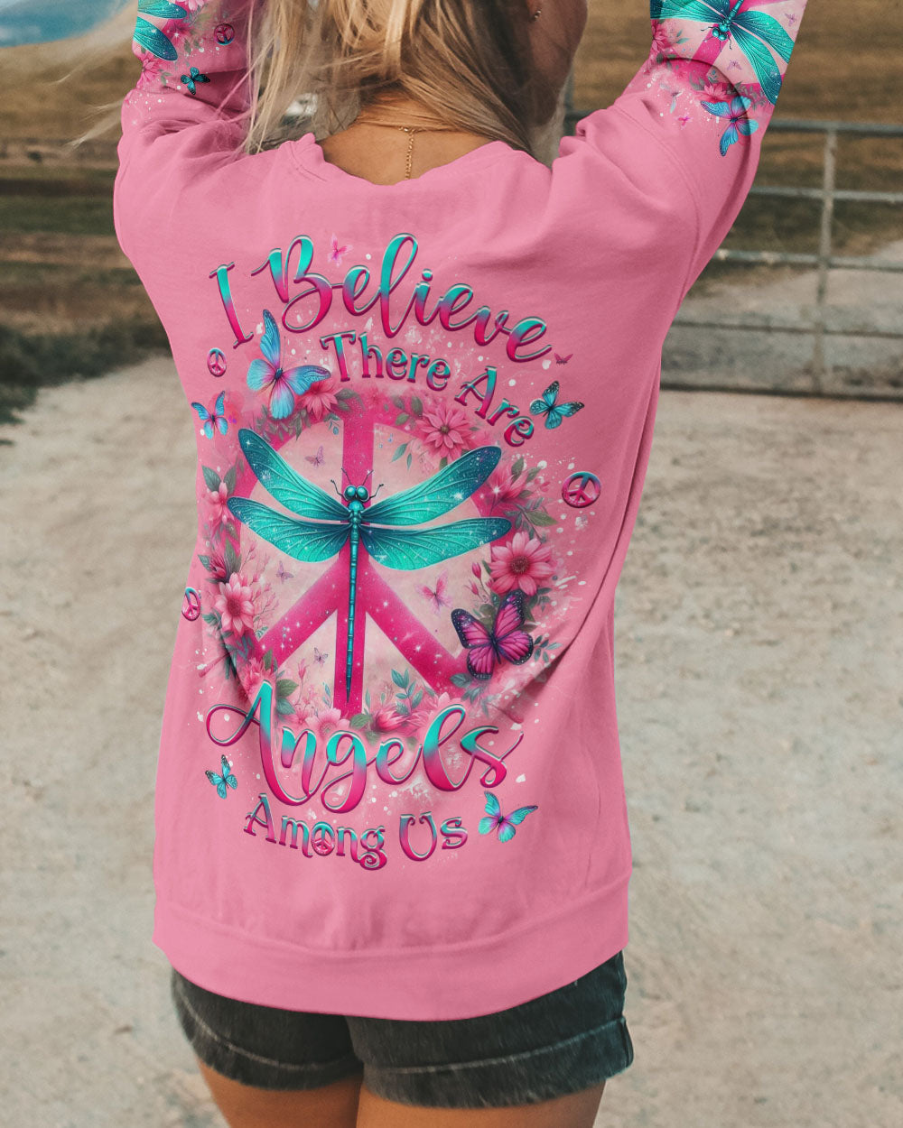 I Believe There Are Angels Among Us Peace Sign and Dragonfly Graphic Tee for Women AOP Shirts _9_ NqLot