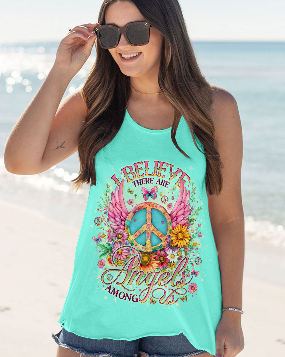 I Believe There Are Angels Among Us Peace Symbol and Flower Design for Women AOP Shirts _11_ QhFT1