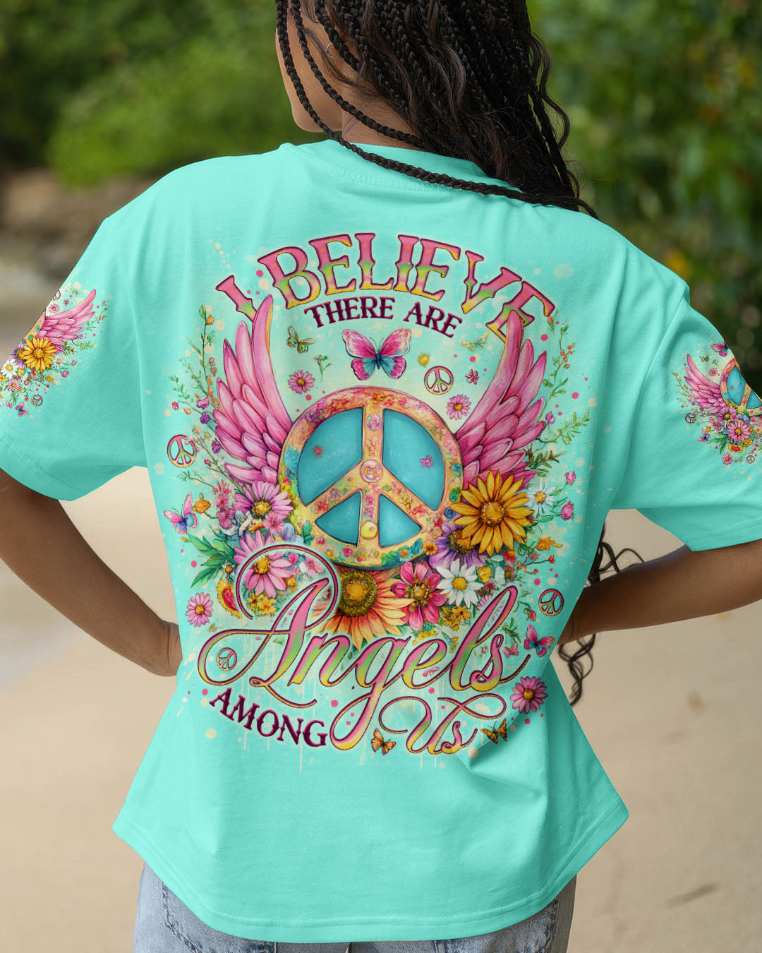I Believe There Are Angels Among Us Peace Symbol and Flower Design for Women AOP Shirts _1_ pFljf
