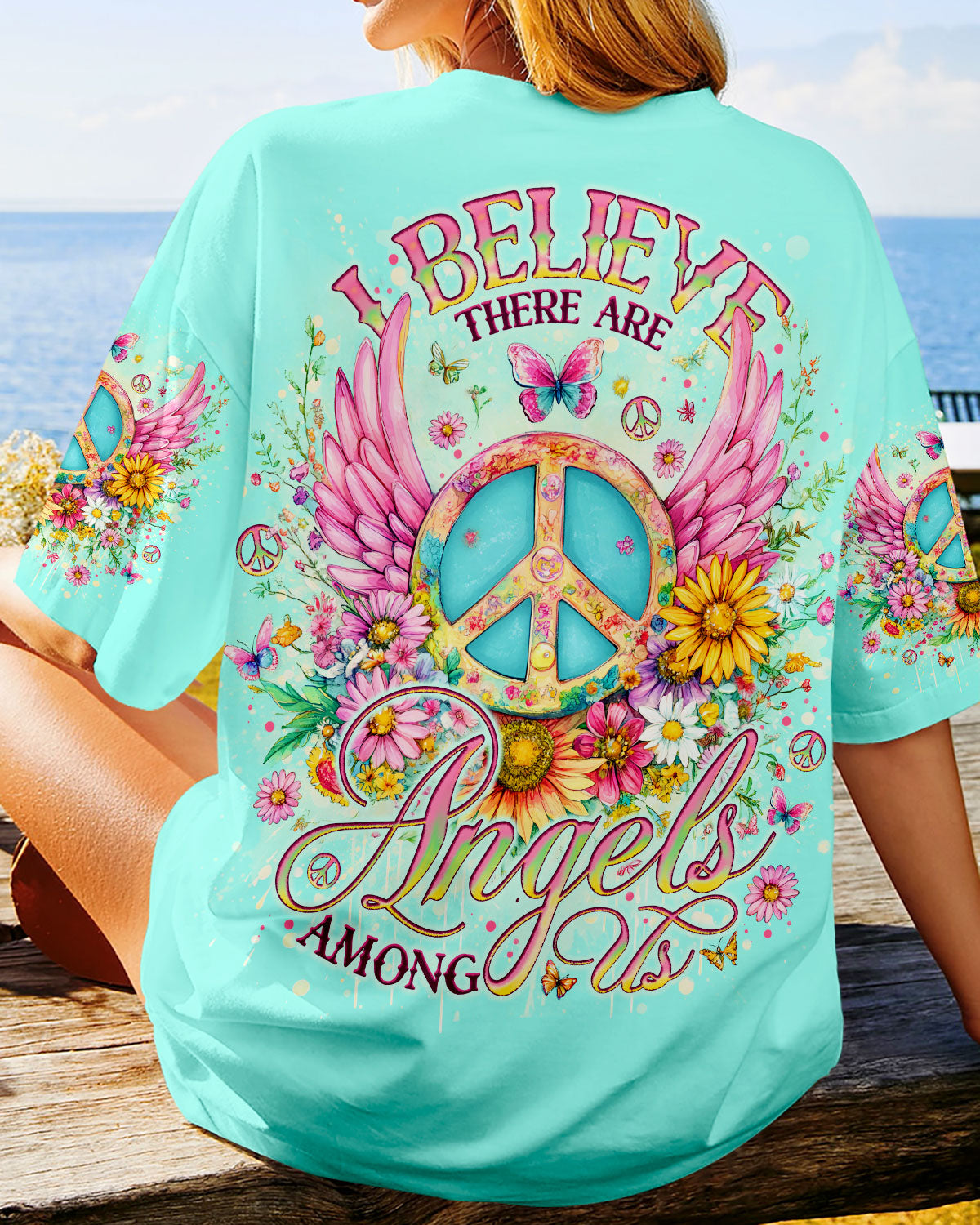I Believe There Are Angels Among Us Peace Symbol and Flower Design for Women AOP Shirts _3_ n2Ofh