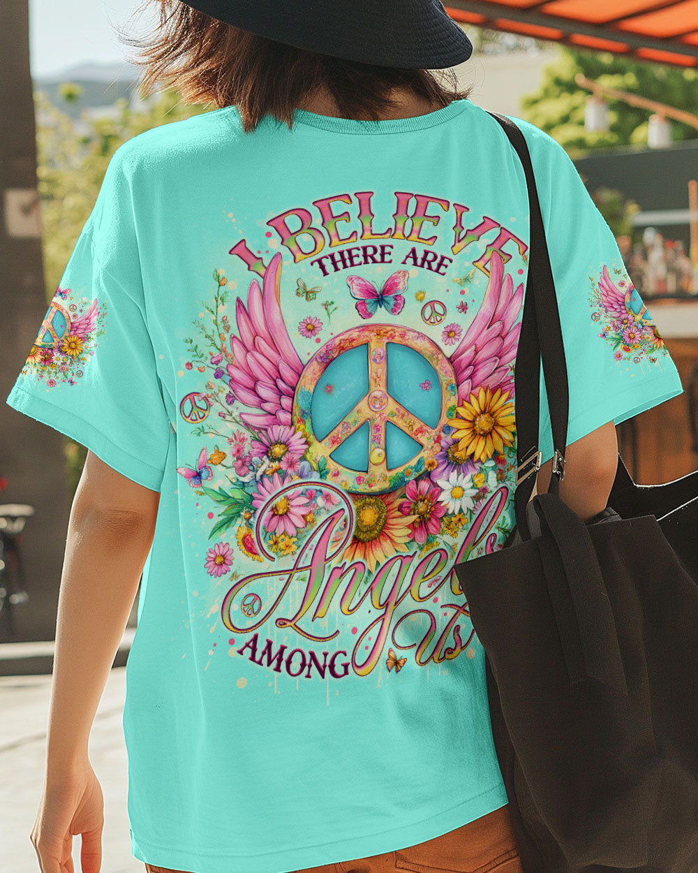I Believe There Are Angels Among Us Peace Symbol and Flower Design for Women AOP Shirts _5_ 1BZXn