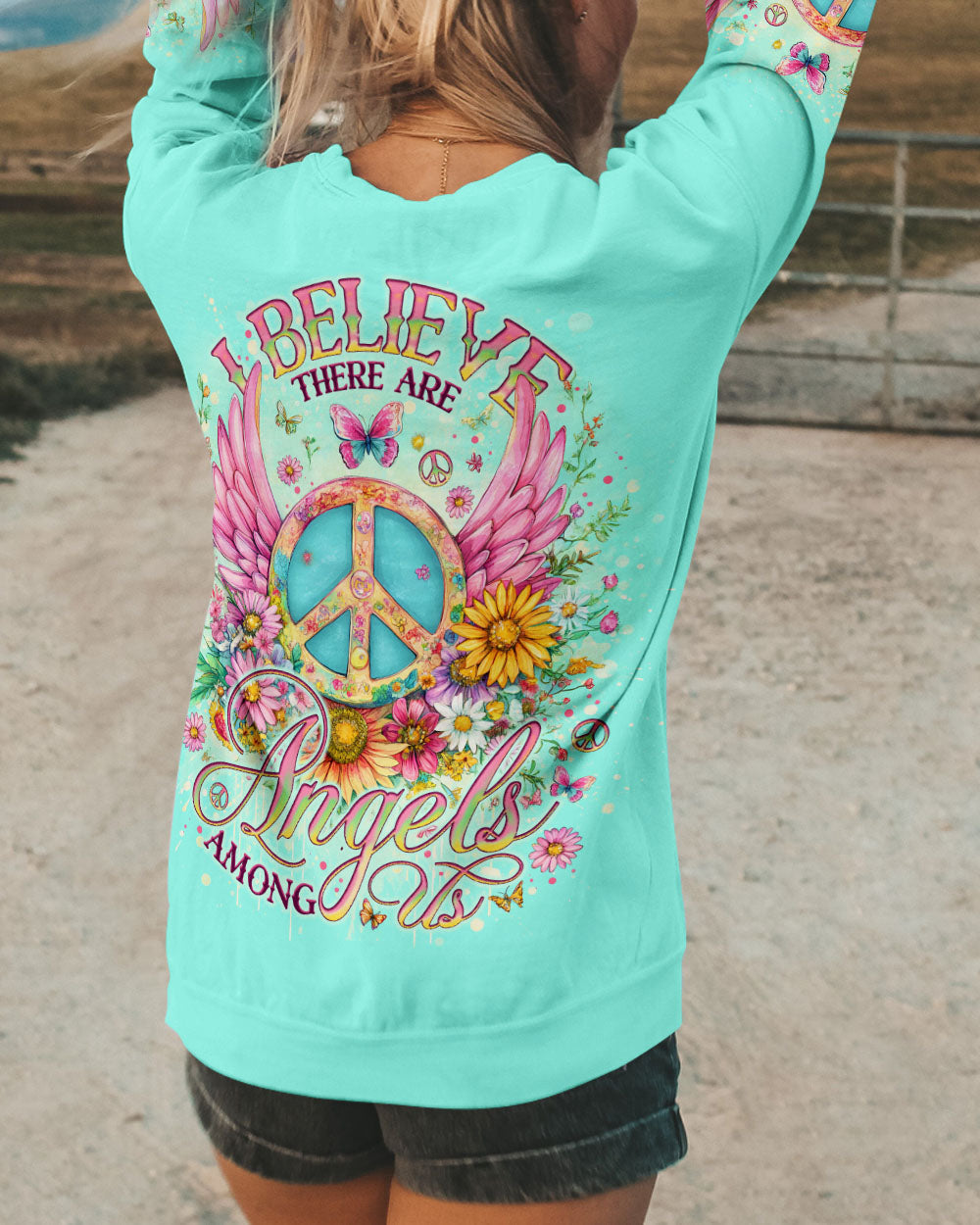 I Believe There Are Angels Among Us Peace Symbol and Flower Design for Women AOP Shirts _9_ TEmw9