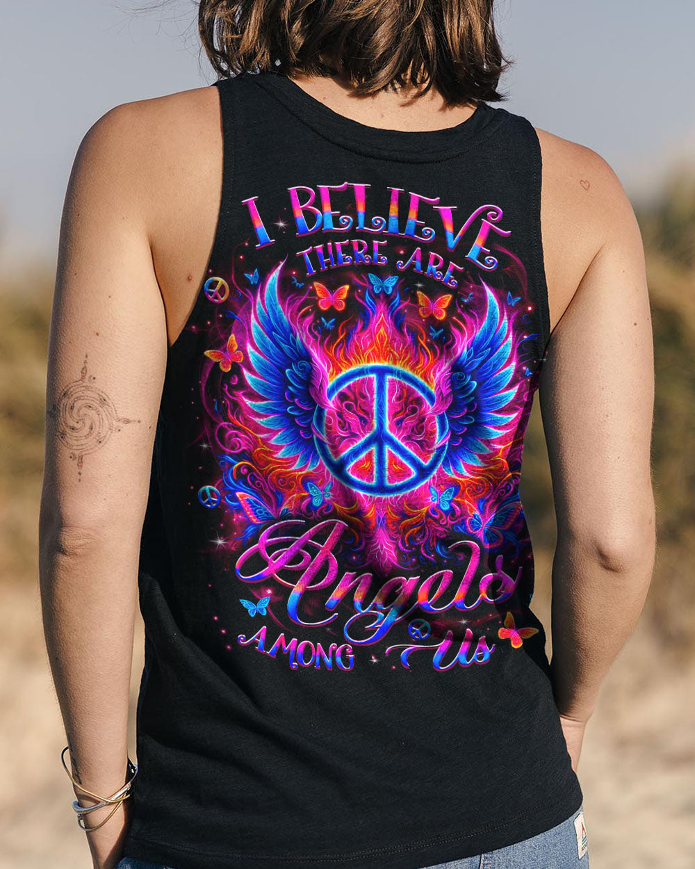 I Believe There Are Angels Among Us Peace Symbol and Wings Design for Women AOP Shirts _13_ VkmPc