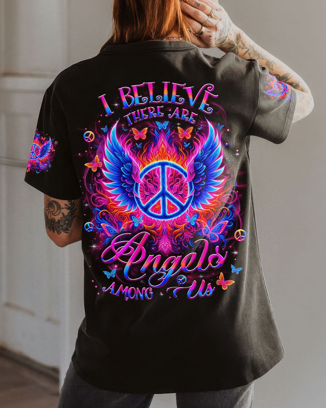 I Believe There Are Angels Among Us Peace Symbol and Wings Design for Women AOP Shirts _1_ WDdZa
