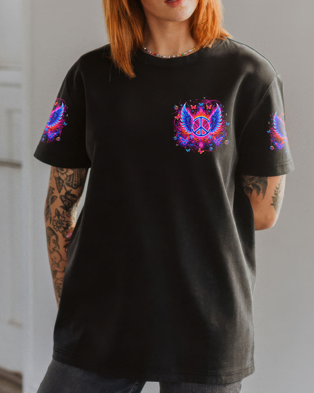 I Believe There Are Angels Among Us Peace Symbol and Wings Design for Women AOP Shirts _2_ OQZqK