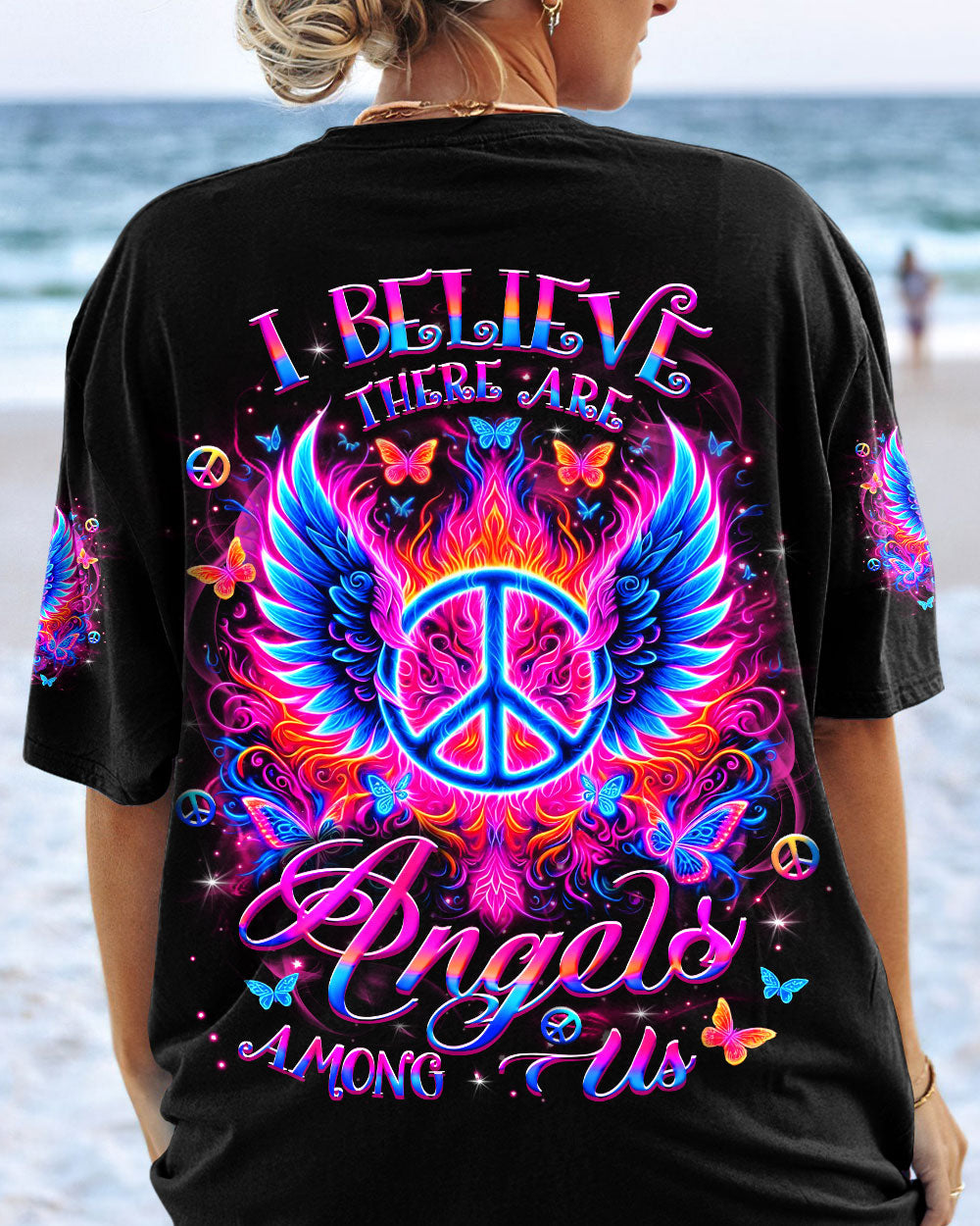 I Believe There Are Angels Among Us Peace Symbol and Wings Design for Women AOP Shirts _3_ yAp1p