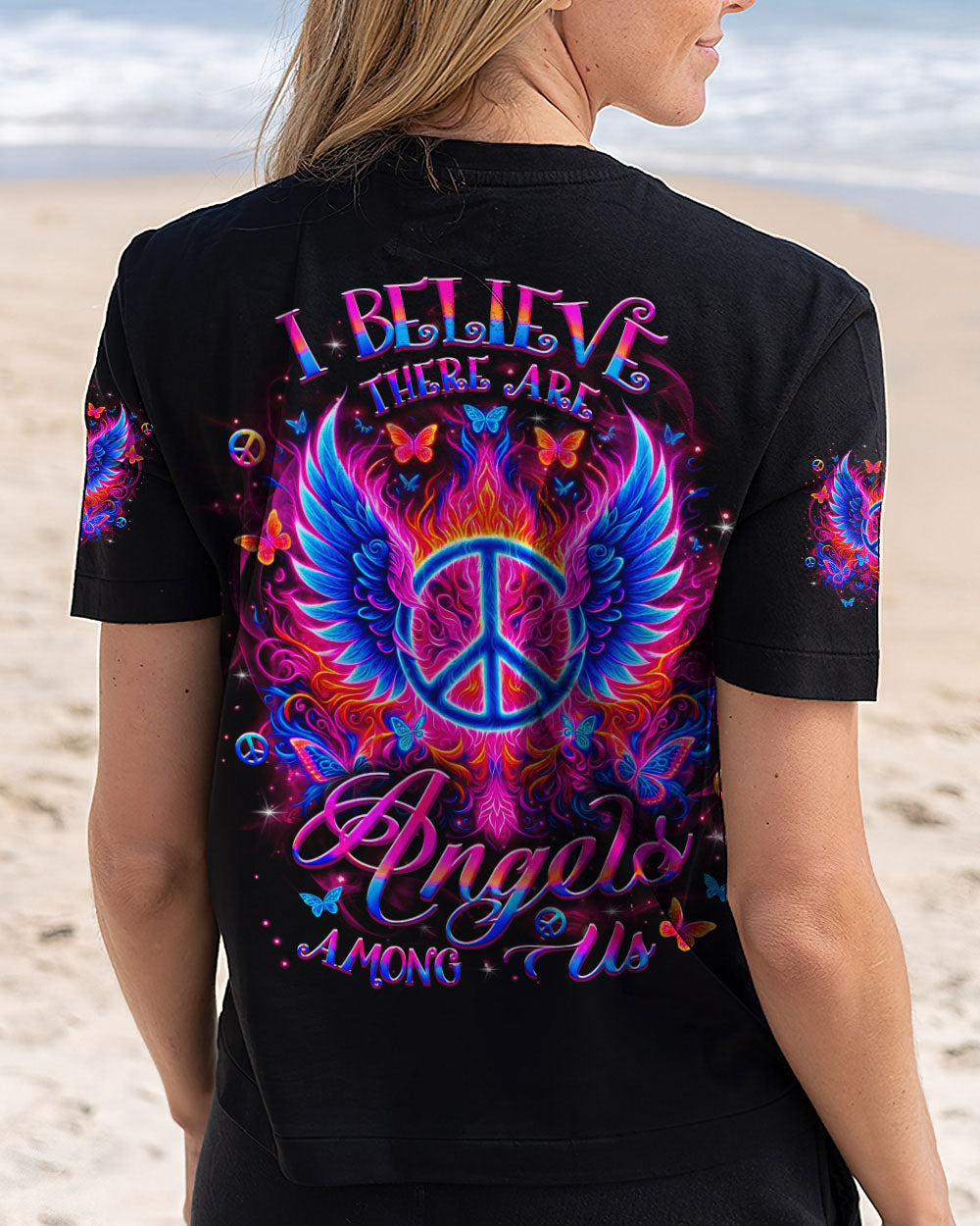 I Believe There Are Angels Among Us Peace Symbol and Wings Design for Women AOP Shirts _5_ 60Bji