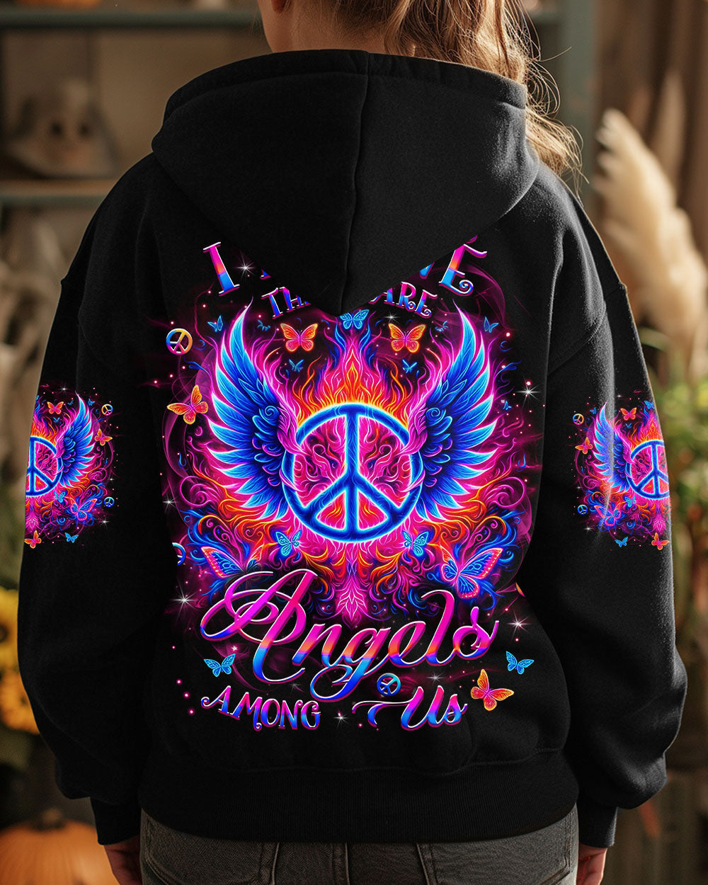 I Believe There Are Angels Among Us Peace Symbol and Wings Design for Women AOP Shirts _7_ kBaDl