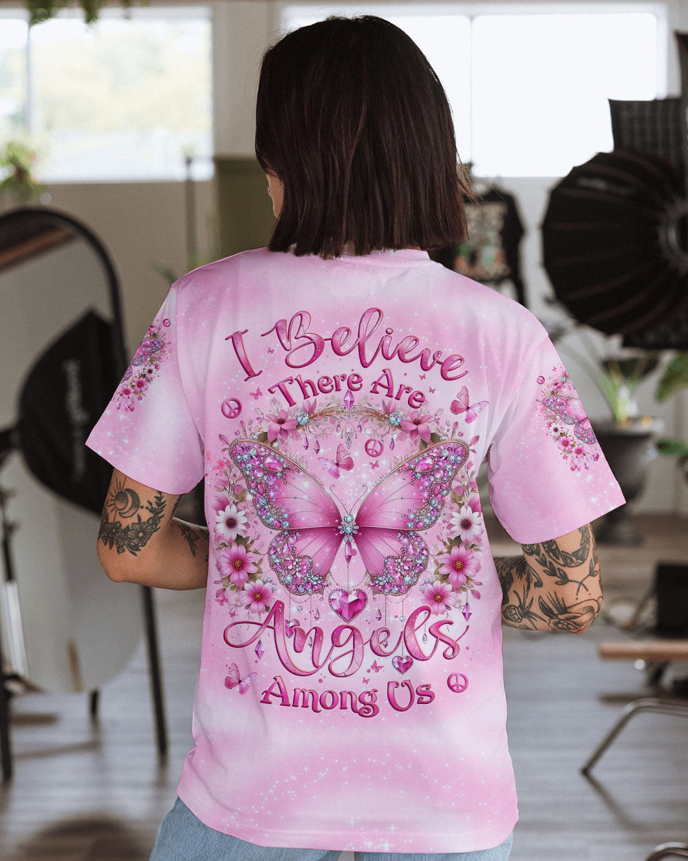 I Believe There Are Angels Among Us Pink Butterfly Memorial AOP Shirts _12_ ySyq1
