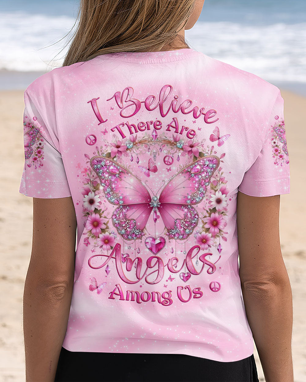 I Believe There Are Angels Among Us Pink Butterfly Memorial AOP Shirts _14_ fXczC