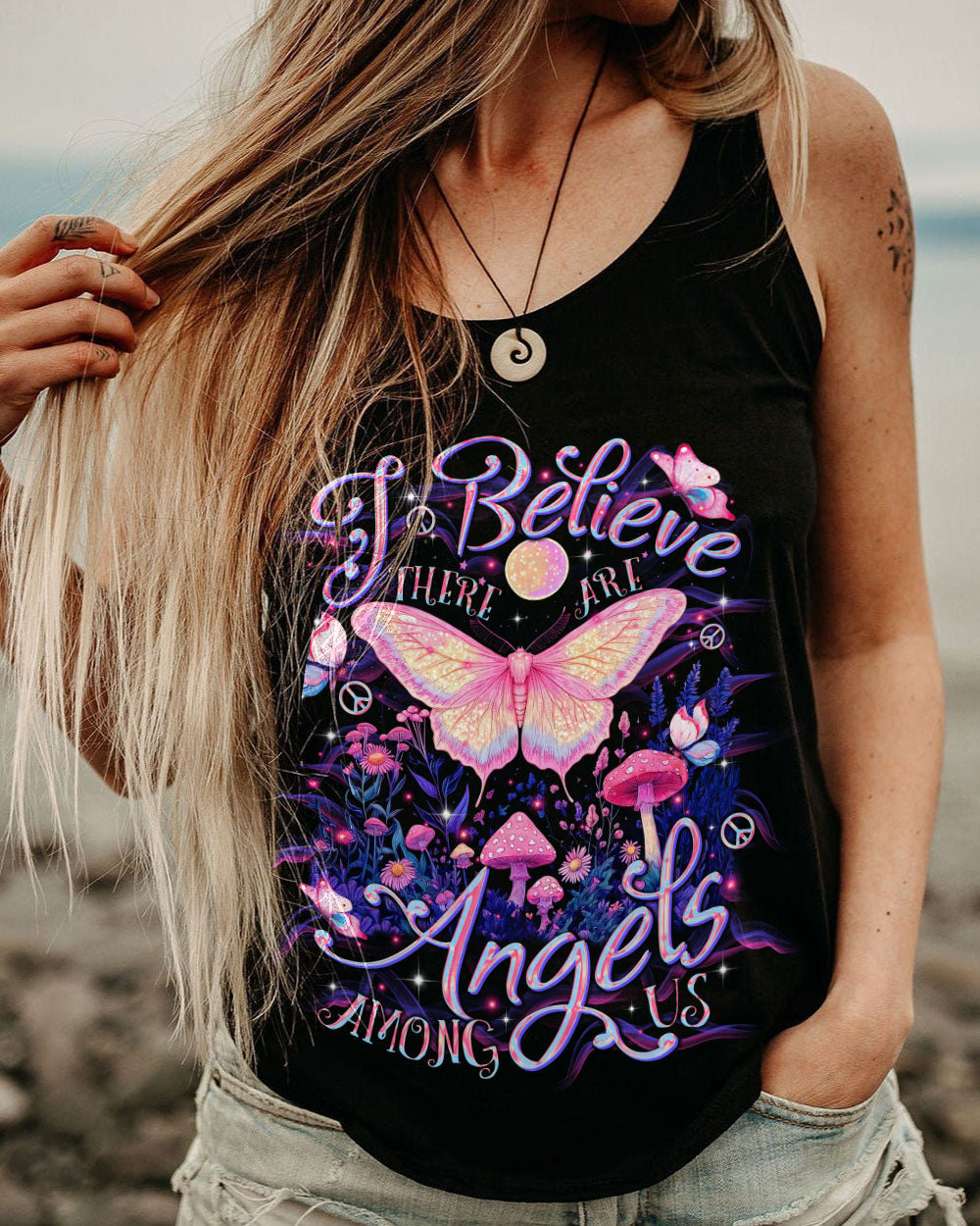 I Believe There Are Angels Among Us Pink Butterfly and Mushroom Magical Nature AOP Shirts _12_ K0KOI