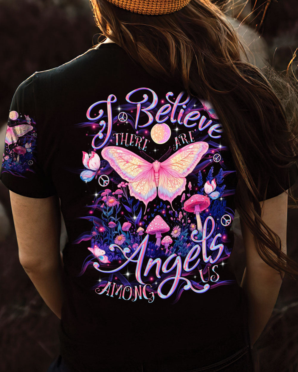 I Believe There Are Angels Among Us Pink Butterfly and Mushroom Magical Nature AOP Shirts _6_ 535BS