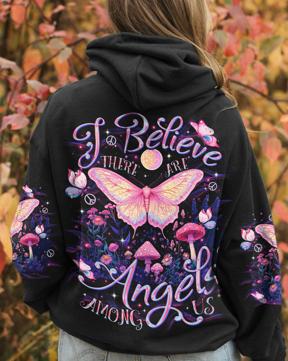 I Believe There Are Angels Among Us Pink Butterfly and Mushroom Magical Nature AOP Shirts _8_ xACng