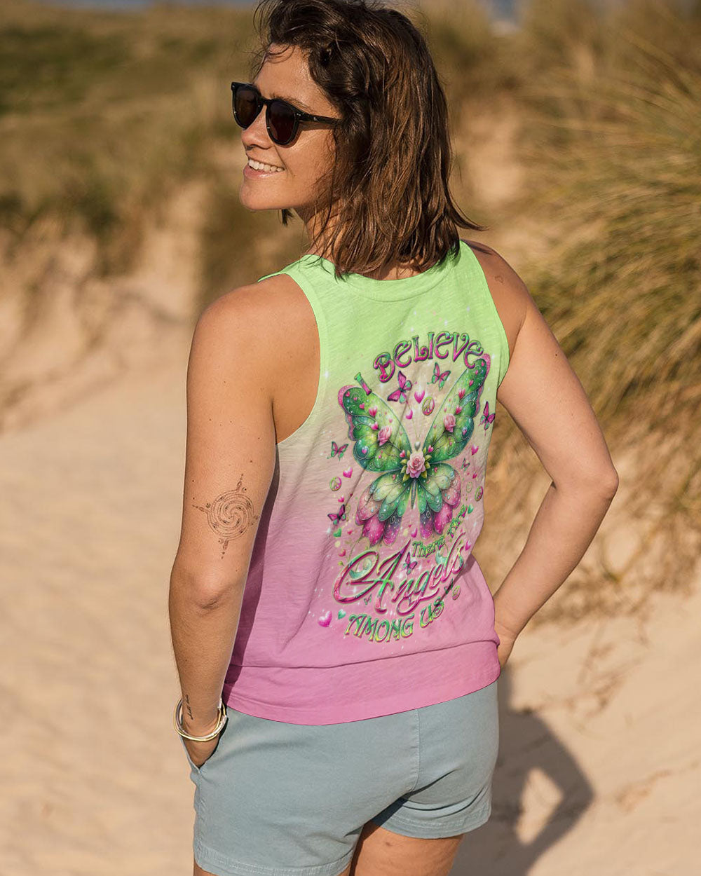 I Believe There Are Angels Among Us Pink and Green Butterfly Colorful AOP Shirts _13_ 3y6TG