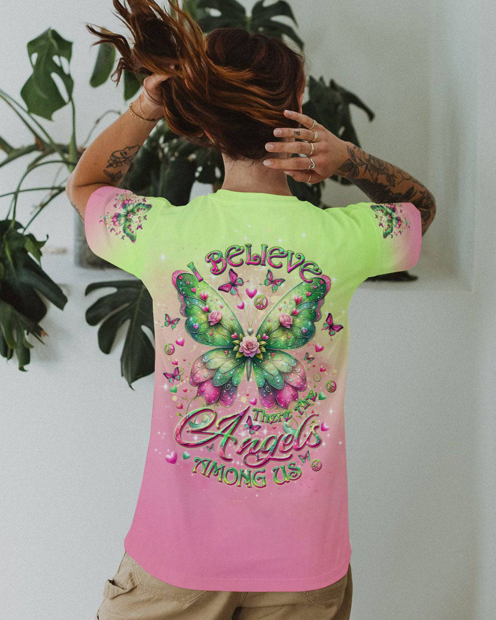 I Believe There Are Angels Among Us Pink and Green Butterfly Colorful AOP Shirts _1_ PdwWE