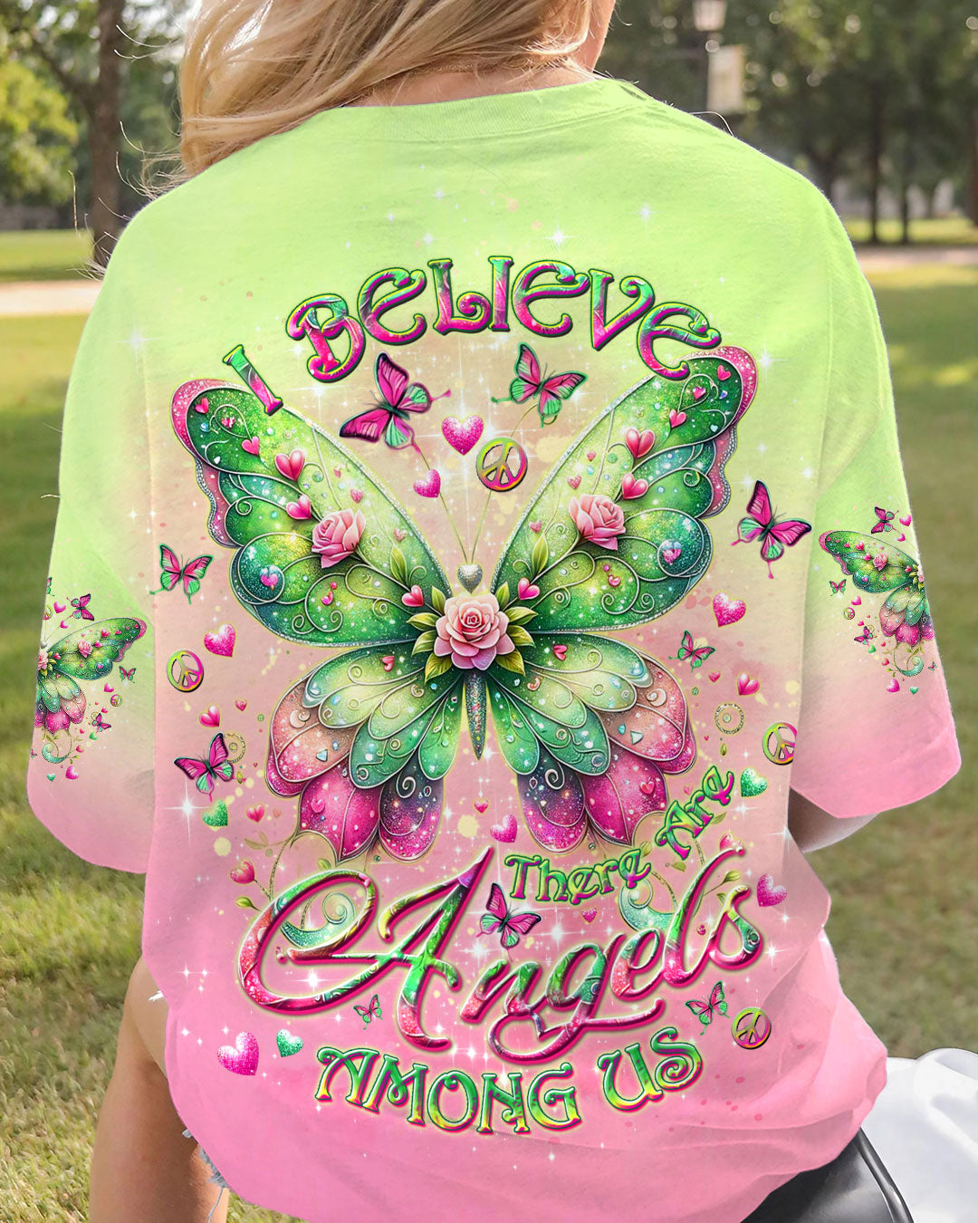 I Believe There Are Angels Among Us Pink and Green Butterfly Colorful AOP Shirts _3_ 85YT3