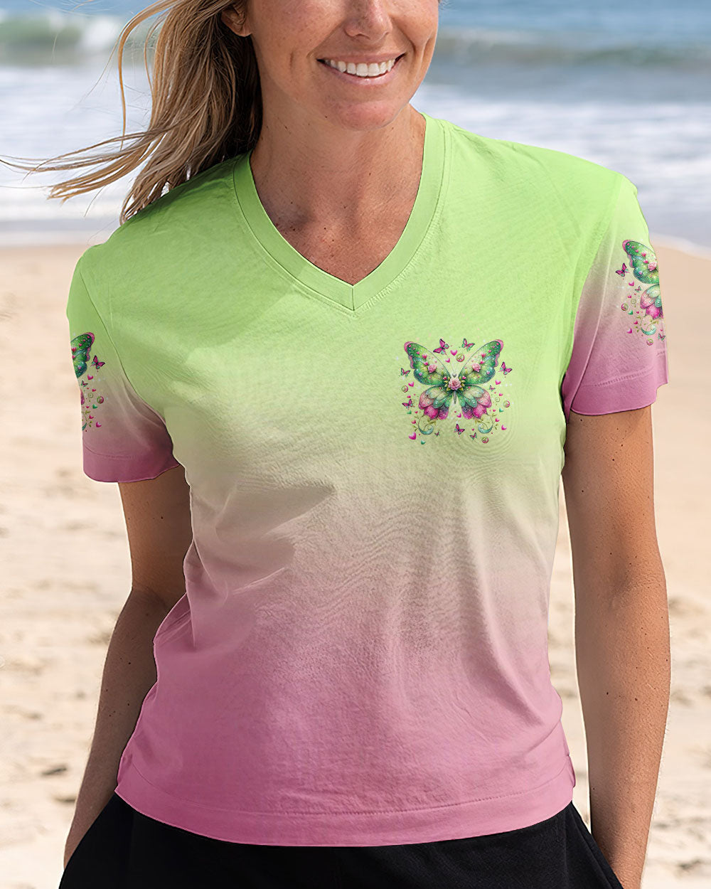 I Believe There Are Angels Among Us Pink and Green Butterfly Colorful AOP Shirts _4_ nRqQC